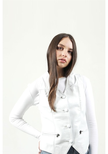 Dericlub Dc-001 Hakiki Deri Kadın Yelek Beyaz