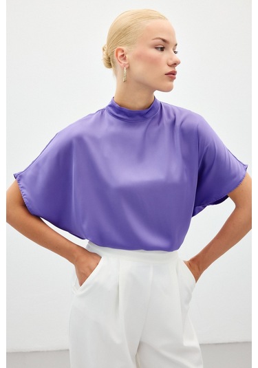 Sateen Yarasa Kol Salaş Bluz - Lila-136189 LILA