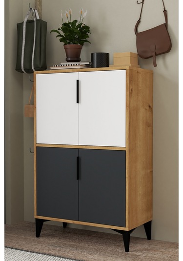 1404 Ada Ayakkabılık 4 Raflı 4 Kapaklı Çok Amaçlı Dolap Kiler Safir Beyaz Antrasit Safir Beyaz - Antrasit - Safir