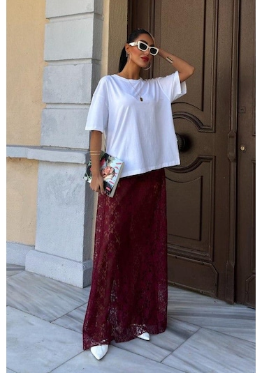 Crimson Grace Kadın Bordo Dantel Maxi Etek Şık Yazlık Tasarım Bordo