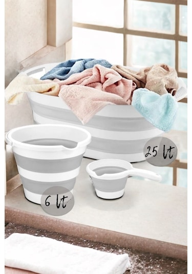 Vera Bath 3'lü Katlanır Multi Set Sepet-kova-maşrapa Beyaz - Gri
