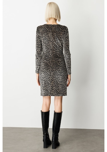 Ekol Kadın Leopar Desenli Mini Kadife Elbise 4037 Siyah Siyah