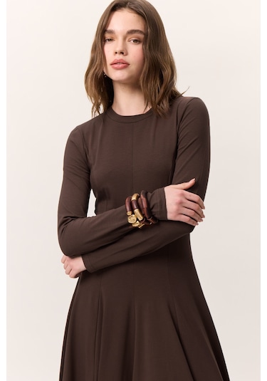 Kuplu Uzun Kollu Elbise Kahverengi Kahverengi