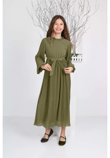 Kız Çocuk Uzun Boydan Pliseli Şifon Elbise Haki