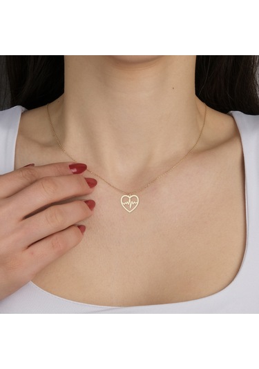 14 Ayar Altın Plakalı Kalp Atışı Motifli Doğum Günü Hediyesine Özel Altın Kolye-818 Kalp Atışı-1