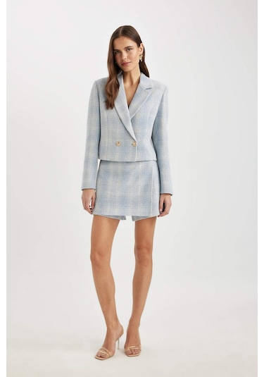 Defacto Yüksek Bel Kareli Tweed Mini Şort Etek C5532AX24SMBE503 Mavi