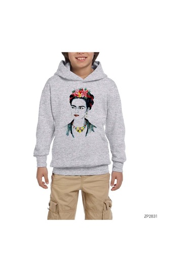 Frida Kahlo Portre 4 Gri Çocuk Kapşonlu Sweatshirt Gri