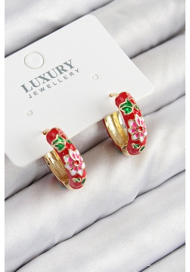 Pirinç Gold Renk Kırmızı Çiçek İşleme Mineli Kadın Küpe Çok Renkli