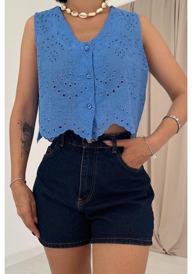 Tanla Butik Mavi Sıfır Kol Brode Bluz Mavi