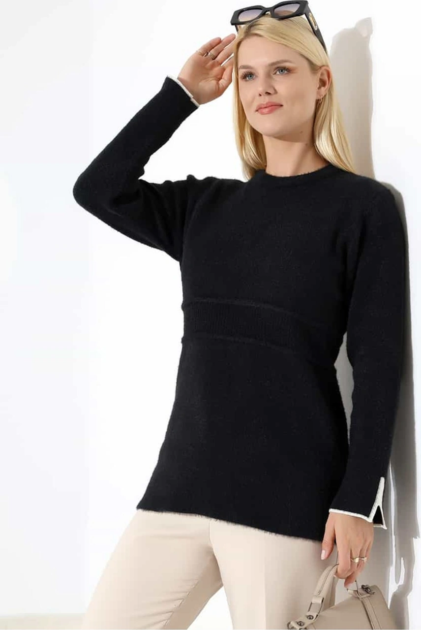Bel Detaylı Yumuşak Triko Kazak Siyah