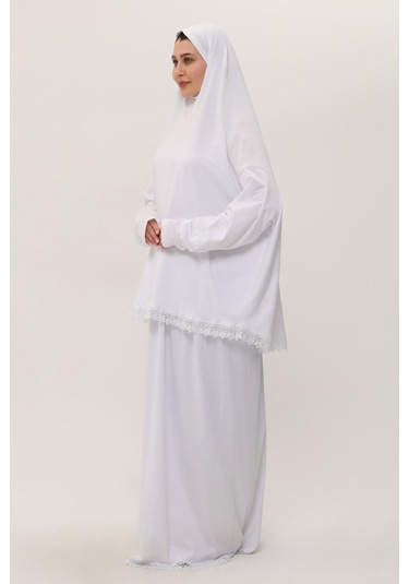 2 Parça Namaz Elbisesi Pamuk Kumaş Dantelli 2205 42 Beyaz