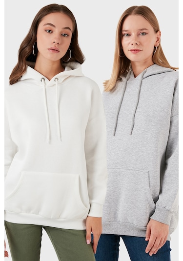 Lela Regular Fit Pamuklu Kapüşonlu Yaka Şardonlu Kışlık 2'Li Paket Bayan Sweat 5863854S2 Gri Melanj-Ekru Lela Regular Fit Pamuklu Kapüşonlu Yaka Şardonlu Kışlık 2'Li Paket Bayan Sweat 5863854S2 Gri Melanj-Ekru
