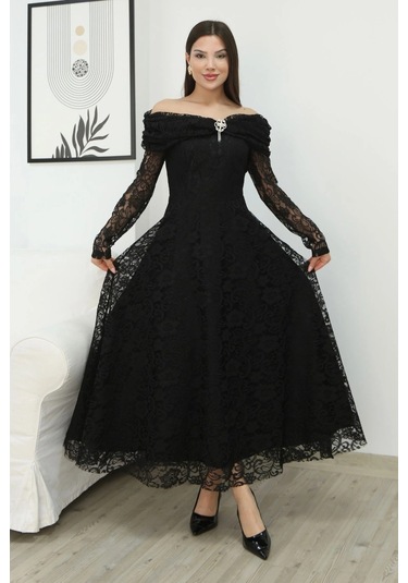 Aşkın Büyüsü Dantel Abiye Elbise 6055-siyah Siyah