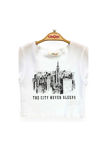 Çikoby Kız Çocuk The City Yazılı Crop-13749 Beyaz