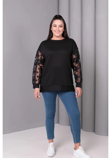 Kolları Tül Çiçek Aplikeli Bluz Siyah