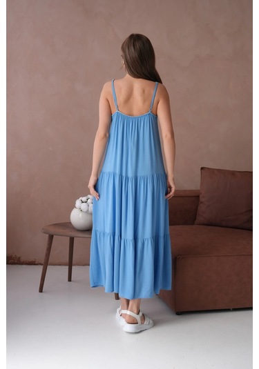 İnce Askılı Uzun Yazlık Elbise Indigo