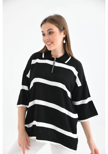 Polo Yaka Fermuarlı Çizgili Salaş Mevsimlik Trko Kazak Siyah