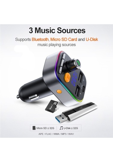 Sones T48c Araç Bluetooth 5.0 Fm Verici Kiti Tip-c 5v 2.4a Araç Şarj Cihazı İle Çift Usb