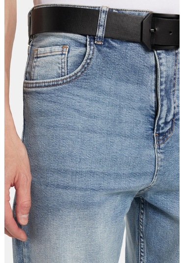 Erkek Straight Fit Bol Kesim Denim Yıkamalı Efektli Esnek Açık Mavi Jean Kot Pantolon-34493 Açık Mavi