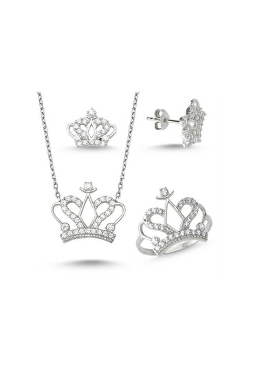 Kral Kraliçe Tacı Kadın Gümüş Kolye Küpe Ve Yüzük Seti Wss07