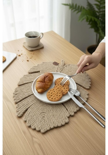 El Yapımı Jüt İp Yaprak Model Amerikan Servis- Supla Doğal, Leke Tutmaz Ve Rustik Sofra Aksesuarı Natural