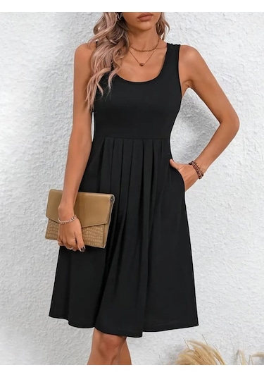 Kadın Askılı Yuvarlak Yaka Önden Pileli Viskon Elbise Siyah