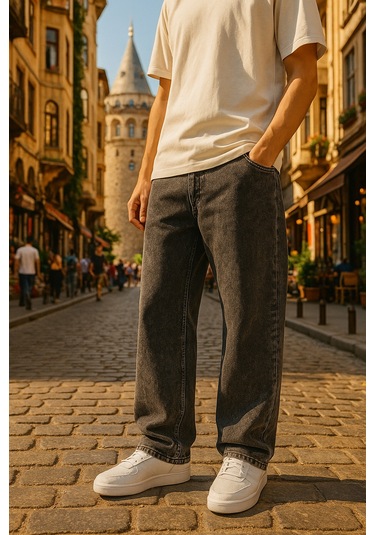 Baggy Siyah Renk Rahat Kesim Erkek Jeans Pantolon-1795 Siyah