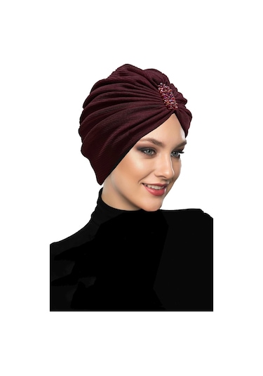 Dizayn Tüllü Kristal Taş İşlemeli Çift Taraflı Astarlı Bordo Hazır Türban Tesettür Abiye Bone Bordo