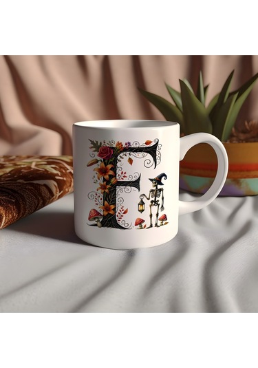 F Harfi Şapkalı İskelet Figürlü Ve Çiçekli Kupa Bardak - Cadılar Bayramı / Halloween Özel Hediye Beyaz