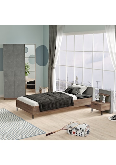 Robin Home Dream Genç Odası 3'Lü Set Karyola Komodin Gardırop Kahverengi