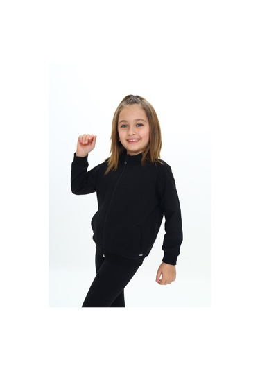 Toontoy Kız Çocuk Dik Yaka Fermuarlı Cepli Reglan Kol Örme Hırka - 2 İplik Siyah