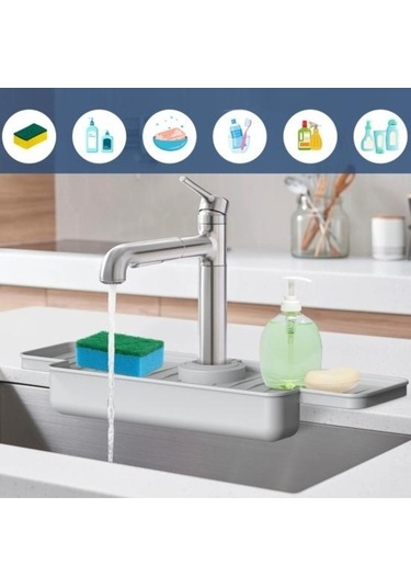 Novahub Gri Musluk Sıçrama Koruması: Katlanabilir, Dayanıklı, Sızdırmaz, Mutfak Lavabo Sünger Fırça Depolama Tepsisi Gri