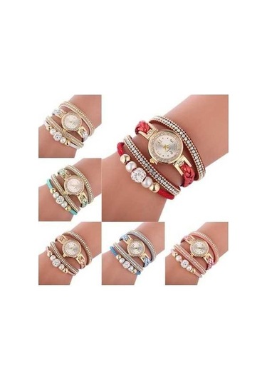 Bosphorusboutique02 Deri Kayış Mavi Kuvars Saat İnci Detaylı Kadran Mavi Kadın Saat Mavi