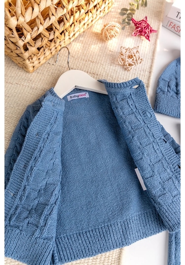 Triko Hırkalı 3'lü Ayarlanabilir Askılı Örgü Erkek Bebek Salopet Tulum Takım Set mavi