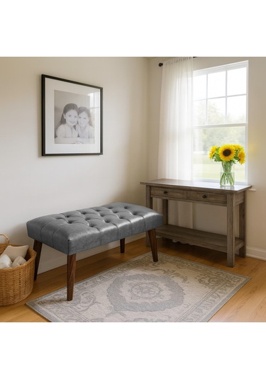 Bench - Deri Kumaş - 45x90 - Ahşap Ayaklı Modern Bank - Gri