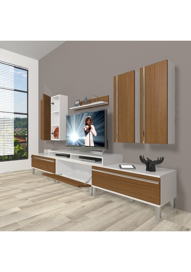 Decoraktiv Ekoflex 8d Mdf Krom Ayaklı Tv Ünitesi Tv Sehpası Beyaz - Ceviz