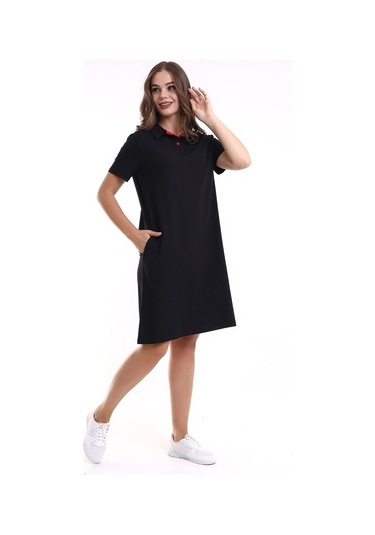 Kadın Yakalı İki Cepli Krep Elbise Siyah Sckwm23el02 Siyah