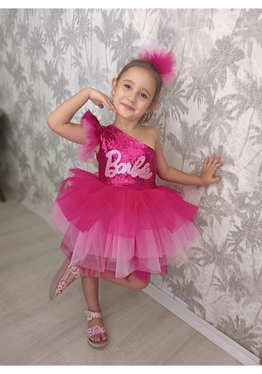 Pembe Barbie Elbise Tek Kollu Pembe