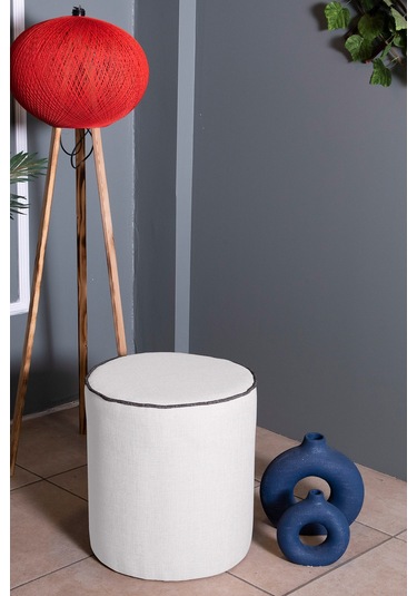 VALERİA BEYAZ KETEN KUMAŞ YUVARLAK PUFF &BENCH&KOLTUK&TABURE&POFUDUKYATAK ODASI PUF MODELLERİ