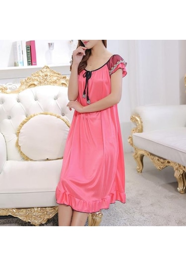 Koyu Mavi Yaz Gecelik Bağcıklı Uyku Rahat Güzel Sahte Saten Yaz Gevşek Gecelik Ev Giyim Xl Koyu Mavi