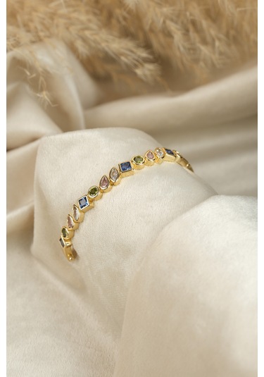 Çildan Womens Gold Özel Tasarım 3 Renk Taşlı Kelepçe Bileklik Altın - Gümüş