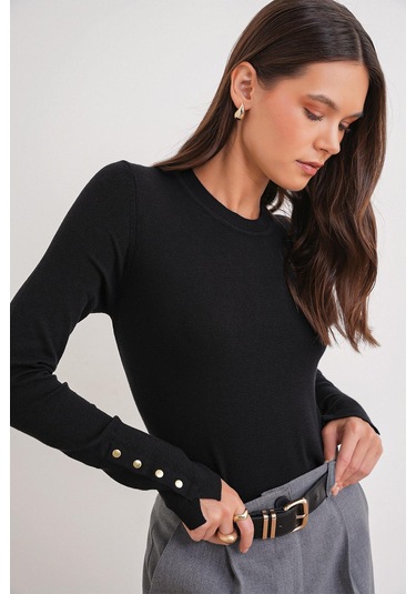 6736 Kadın Bisiklet Yaka Kolu Droplu Triko Kazak Siyah Siyah