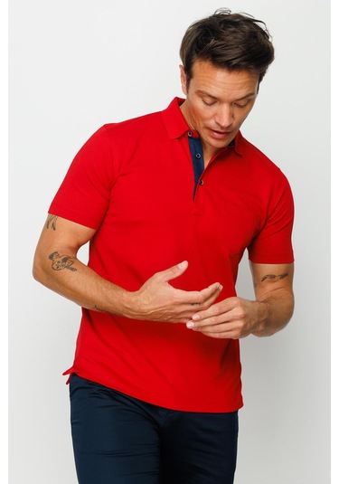 Erkek Polo Yaka Düğmeli Cepli T-shirt Kırmızı Kirmizi