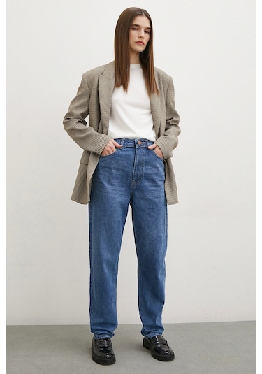 Yüksek Bel Dar Paça Mom Jean Mavi Mavi