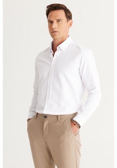 AC&Co / Altınyıldız Classics Erkek BEYAZ Slim Fit Dar Kesim Oxford Düğmeli Yaka Armürlü Pamuklu Gömlek Beyaz