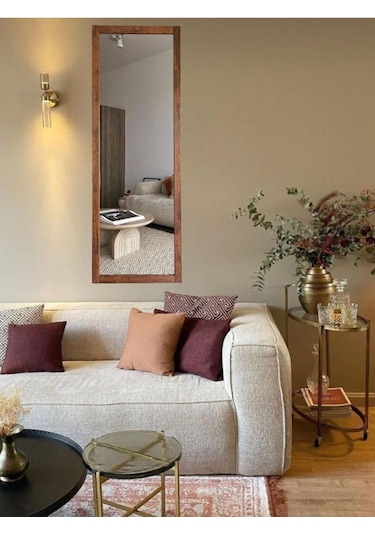 Ceviz Renk Ahşap Çerçeve Duvar Ayna 130 45cm Antre Hol Boy Ayna