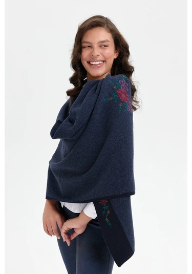 Desen Triko Üç Çiçekli Nakış İşlemeli Kadın Yün Şal 24055 Lacivert