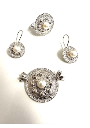 İnci Ve Zirkon Taşlı Gümüş Set Takım 925 Ayar 23,48 Gram