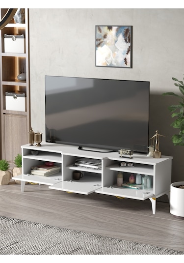 Tv Sehpası Tv Ünitesi Vera Atlantik Çam Antrasit Gold Çizgili 5050 Çok Renkli