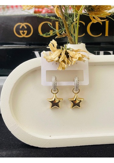 Zirkon Taşlı Yıldız Figür Sallantılı Çelik Küpe Altın - Gümüş